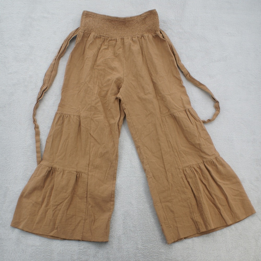 Womens Camel Brown Tiered Wide Leg Smocked Waist Boho Flowy Palazzo Pants Medium - Picture 2 of 10